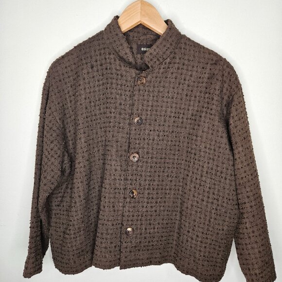 Eskandar Linen Mandarin Collar Textured Shirt Jacket Button Front Brown - Picture 2 of 12